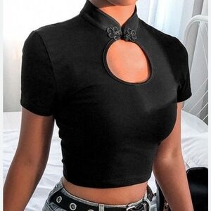 Romwe Women's Keyhole Ribbed Crop Top Shirt Size X-Large Black New With Tags